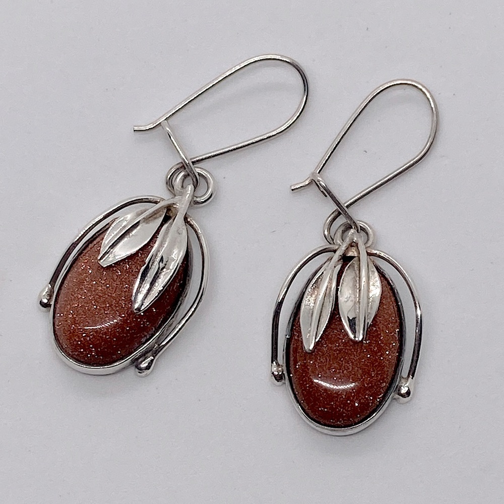 Vtg Russian Sterling Silver Leaf Design Goldstone cabochon Dangle Earrings 1.6”